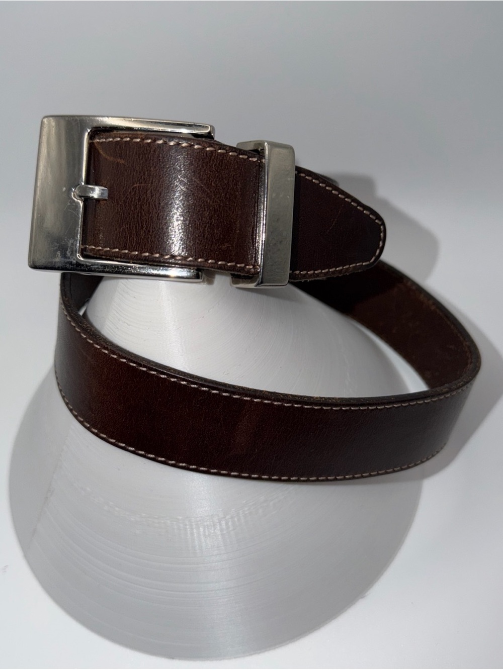 Ann Taylor  Brown Leather top Stitched  Belt Size Small 27-31 Silver Buckle